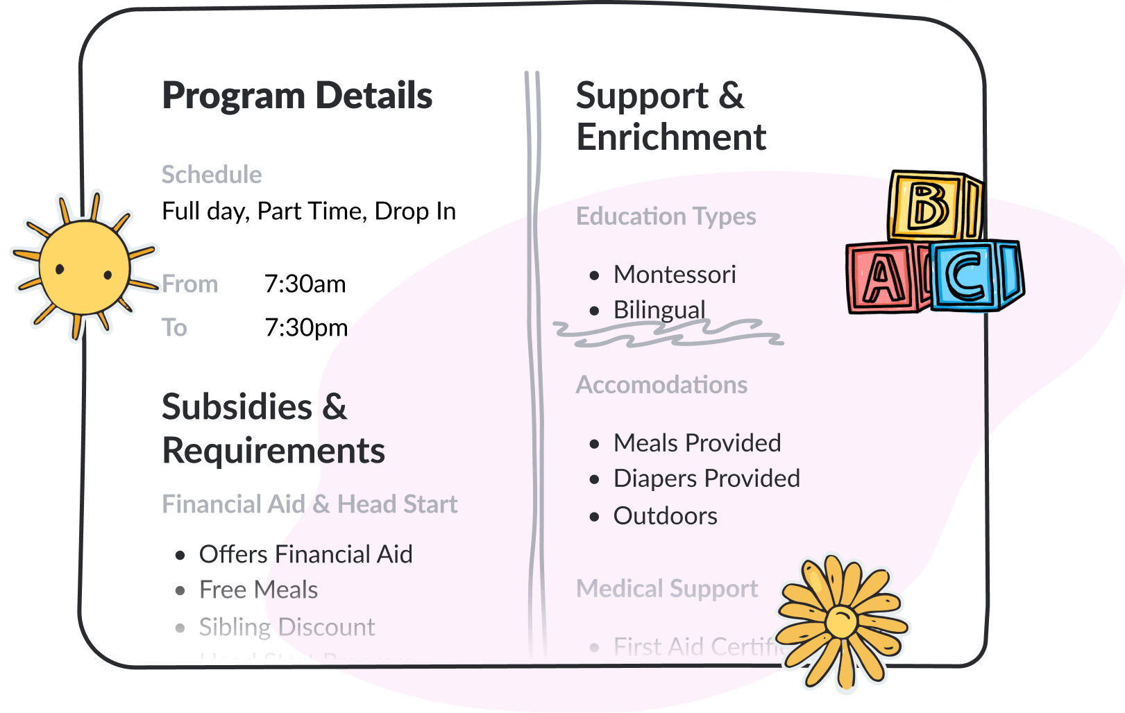 Illustrated list of what a childcare program offers